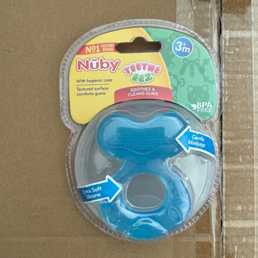 3 Nuby Silicone Teethe-EEZ Teether with Bristles, Includes Hygienic Case, Blue